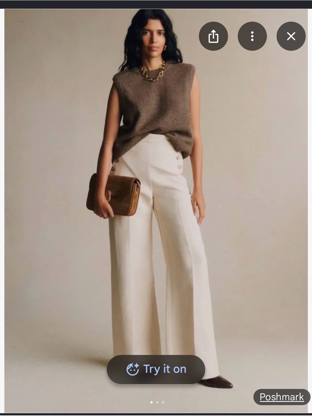 Sezane marina Cream Wide-Leg Sailor Pants with Button Detail - Picture 1 of 11